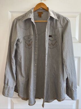 Retro Wrangler Women's Western Shirt M Gray Cotton Denim Snap Button